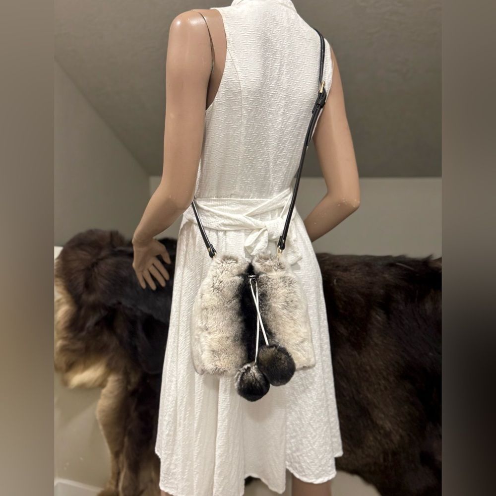 Handmade 2 Tone Real Rex Rabbit Fur Drawstring Bucket Bag,Includes 2 Straps - Picture 8 of 15